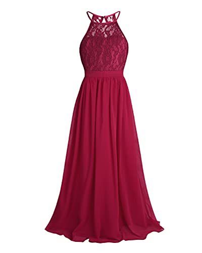 iEFiEL Mädchen Kleid Festlich Spitze Prinzessin Kleid Neckholder Abendkleid Empire Blumenmädchenkleid Hochzeit Partykleid Chiffon Festkleid Burgundy 176 von iEFiEL