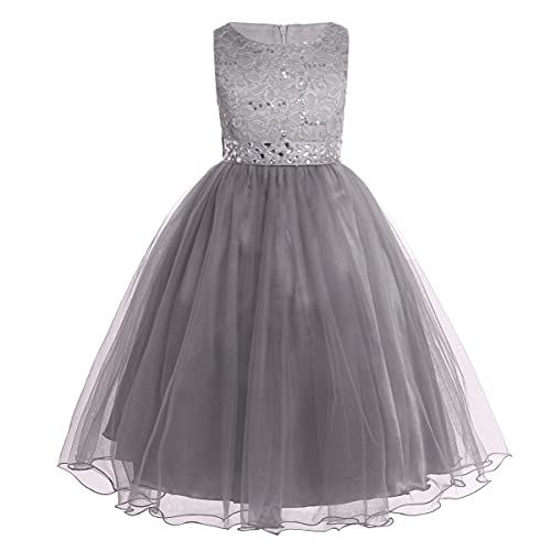 iEFiEL Mädchen Kleid festlich Lange Blumenmädchenkleider für Hochzeits Festkleid Kinder Brautjungfern Kleid 92 104 116 128 140 152 164 176 Grau 128 von iEFiEL