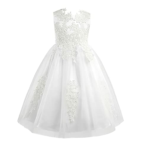 iEFiEL Mädchen Kommunionskleid Kinder Kleid Festlich Party Prinzessin Kleid Hochzeits Blumenmädchenkleider Tüllkleid Festzug Elfenbein 152 von iEFiEL