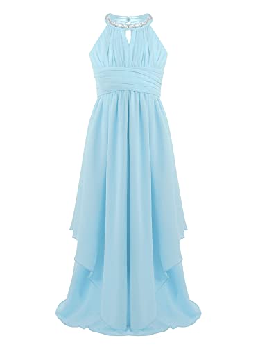 iEFiEL Mädchen Kleider Festlich Neckholder Strass Prinzessin Kleid Blumenmädchenkleid mit 2 Lage Rock Hochzeit Partykleid Lang Faltenrock Gr. 116-176 Hell Blau 164 von iEFiEL