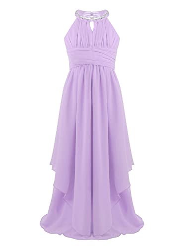 iEFiEL Mädchen Kleider Festlich Neckholder Strass Prinzessin Kleid Blumenmädchenkleid mit 2 Lage Rock Hochzeit Partykleid Lang Faltenrock Gr. 116-176 Lavender 176 von iEFiEL