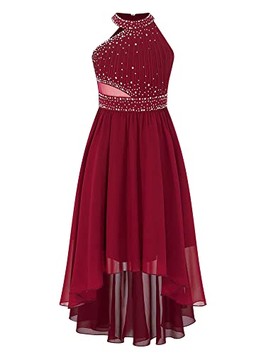 iEFiEL Mädchen Kleider Festlich Neckholder Strass Prinzessin Kleid Blumenmädchenkleid mit 2 Lage Rock Hochzeit Partykleid Lang Faltenrock Gr. 116-176 X Burgundy 164 von iEFiEL