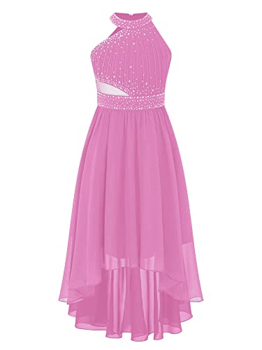 iEFiEL Mädchen Kleider Festlich Neckholder Strass Prinzessin Kleid Blumenmädchenkleid mit 2 Lage Rock Hochzeit Partykleid Lang Faltenrock Gr. 116-176 X Rosa 128 von iEFiEL