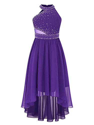 iEFiEL Mädchen Kleider Festlich Neckholder Strass Prinzessin Kleid Blumenmädchenkleid mit 2 Lage Rock Hochzeit Partykleid Lang Faltenrock Gr. 116-176 X Violett 116 von iEFiEL