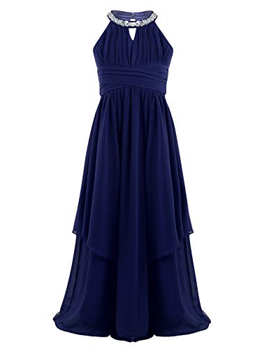 iEFiEL Mädchen Kleider Festlich Neckholder Strass Prinzessin Kleid Blumenmädchenkleid mit 2 Lage Rock Hochzeit Partykleid Lang Faltenrock Gr. 116-176 Marineblau 164 von iEFiEL