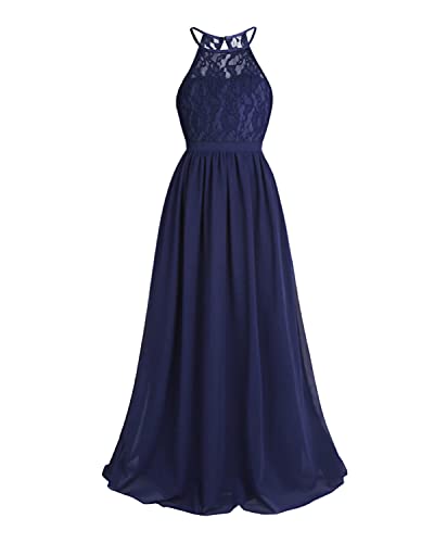 iEFiEL Mädchen Kleid Festlich Spitze Prinzessin Kleid Neckholder Abendkleid Empire Blumenmädchenkleid Hochzeit Partykleid Chiffon Festkleid Marineblau 140 von iEFiEL