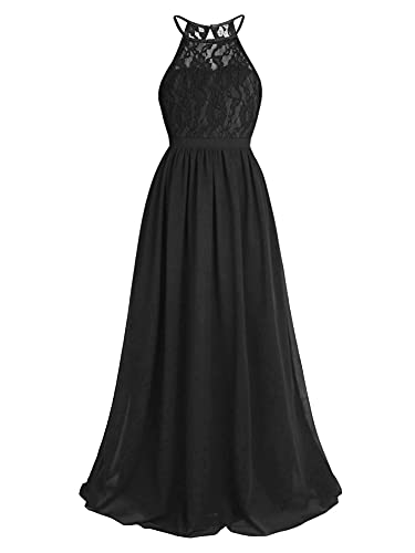 iEFiEL Mädchen Kleid Festlich Spitze Prinzessin Kleid Neckholder Abendkleid Empire Blumenmädchenkleid Hochzeit Partykleid Chiffon Festkleid Schwarz 164 von iEFiEL