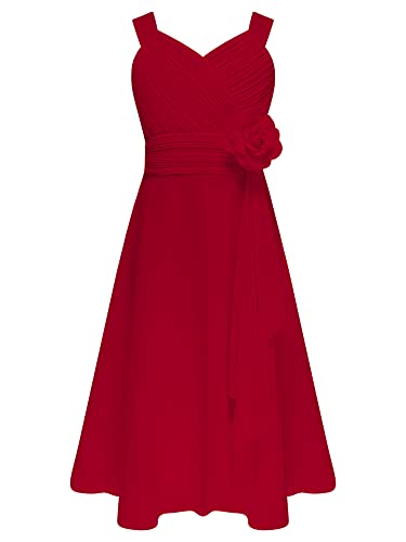 iEFiEL Mädchen Kleider Festlich mit 3D Blumen Herzausschnitt Blumenmädchenkleid Hochzeitskleid Kinderkleid Chiffon Partykleid Sommer Strandkleid A Burgundy 170-176 von iEFiEL