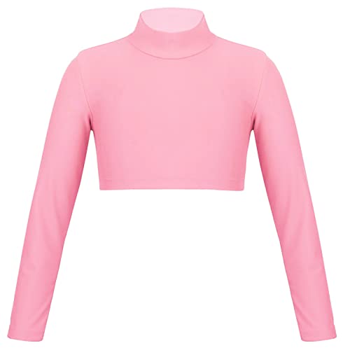 iEFiEL Mädchen Langarm Shirt Rollkragen Top Bauchfrei Oberteil Bluse Crop Top für Ballett Tanz Yoga Sport Workout Tanzbekleidung Rosa 140 von iEFiEL