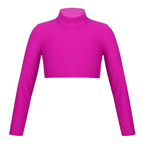 iEFiEL Mädchen Langarm Shirt Rollkragen Top Bauchfrei Oberteil Bluse Crop Top für Ballett Tanz Yoga Sport Workout Tanzbekleidung Rose Rot 140 von iEFiEL