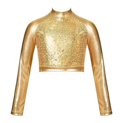 iEFiEL Mädchen Langarm Shirt Rollkragen Top Bauchfrei Oberteil Bluse Crop Top für Ballett Tanz Yoga Sport Workout Tanzbekleidung X Gold Metallic 116 von iEFiEL