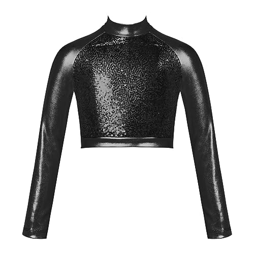 iEFiEL Mädchen Langarm Shirt Rollkragen Top Bauchfrei Oberteil Bluse Crop Top für Ballett Tanz Yoga Sport Workout Tanzbekleidung X Schwarz Metallic 152 von iEFiEL