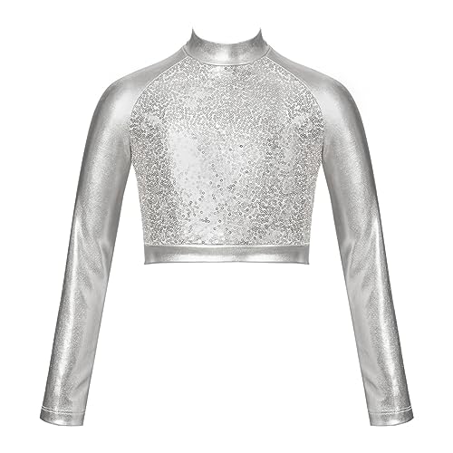 iEFiEL Mädchen Langarm Shirt Rollkragen Top Bauchfrei Oberteil Bluse Crop Top für Ballett Tanz Yoga Sport Workout Tanzbekleidung X Silber Metallic 140 von iEFiEL