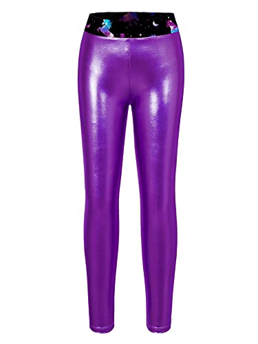 iEFiEL Mädchen Metallic Sporthosen Lang Strumpfhosen Eng Leggings Tanzkleidung Stretch Hosen Jogginghose Tanzkostüm Violett 134-140 von iEFiEL