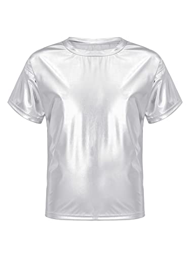 iEFiEL Mädchen Metallic T-Shirts Kruzarm Oberteile 80er Vintage Top Disco Tanzkostüm Bühnenkostüm Karneval Fasching Kostüm Silber 110-116 von iEFiEL