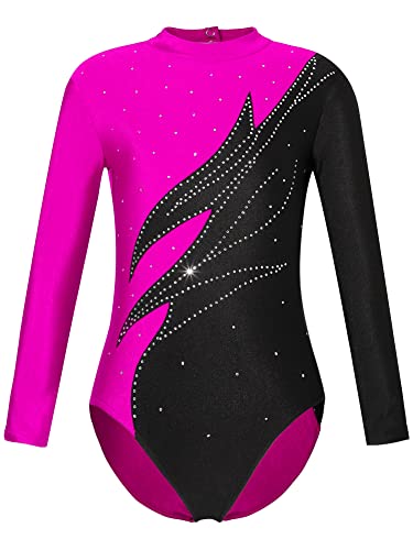 iEFiEL Mädchen Metallic Turnanzug Langarm Gymnastikanzug Tanzbody Leotard mit Strass Glänzende Ballett Trikot Turnkleidung Tanzkostüm Wc Hot Rosa 146-152 von iEFiEL