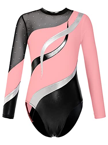 iEFiEL Mädchen Metallic Turnanzug Langarm Gymnastikanzug Tanzbody Leotard mit Strass Glänzende Ballett Trikot Turnkleidung Tanzkostüm X Rosa 170-176 von iEFiEL