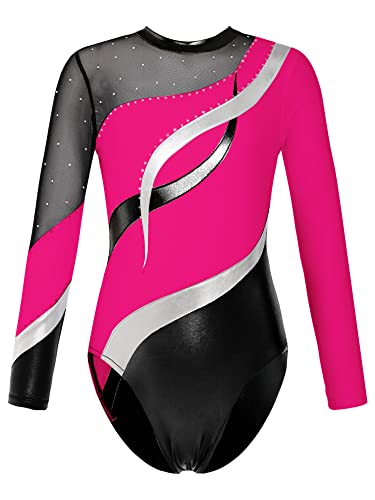 iEFiEL Mädchen Metallic Turnanzug Langarm Gymnastikanzug Tanzbody Leotard mit Strass Glänzende Ballett Trikot Turnkleidung Tanzkostüm X Rosa A 158-164 von iEFiEL