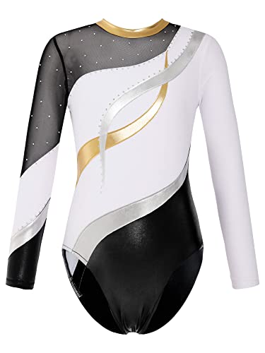 iEFiEL Mädchen Metallic Turnanzug Langarm Gymnastikanzug Tanzbody Leotard mit Strass Glänzende Ballett Trikot Turnkleidung Tanzkostüm X Weiß 122-128 von iEFiEL