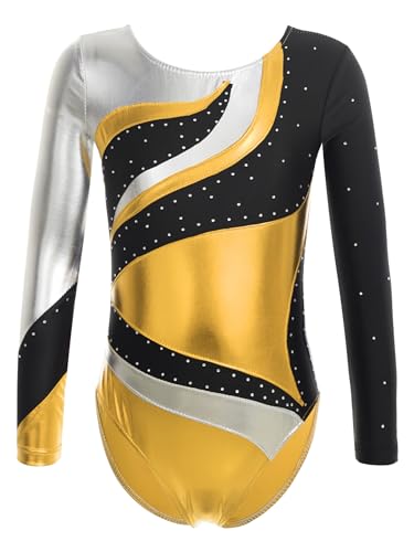 iEFiEL Mädchen Metallic Turnanzug Langarm Gymnastikanzug Tanzbody Leotard mit Strass Glänzende Ballett Trikot Turnkleidung Tanzkostüm Gold 146-152 von iEFiEL