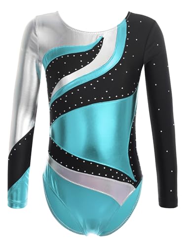 iEFiEL Mädchen Metallic Turnanzug Langarm Gymnastikanzug Tanzbody Leotard mit Strass Glänzende Ballett Trikot Turnkleidung Tanzkostüm Blau 110-116 von iEFiEL