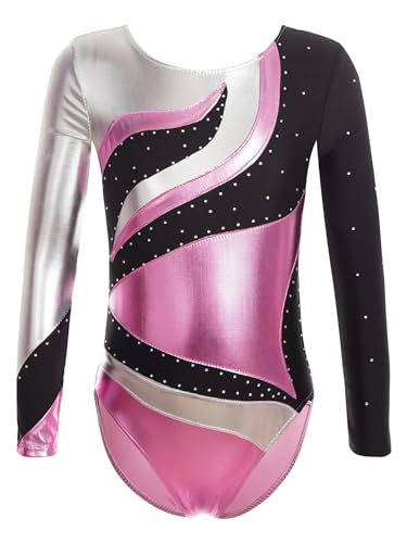 iEFiEL Mädchen Metallic Turnanzug Langarm Gymnastikanzug Tanzbody Leotard mit Strass Glänzende Ballett Trikot Turnkleidung Tanzkostüm Rosa 134-140 von iEFiEL