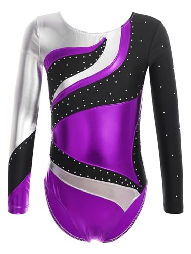 iEFiEL Mädchen Metallic Turnanzug Langarm Gymnastikanzug Tanzbody Leotard mit Strass Glänzende Ballett Trikot Turnkleidung Tanzkostüm Violett 134-140 von iEFiEL