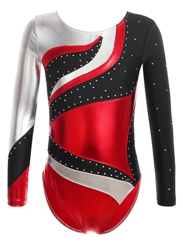 iEFiEL Mädchen Metallic Turnanzug Langarm Gymnastikanzug Tanzbody Leotard mit Strass Glänzende Ballett Trikot Turnkleidung Tanzkostüm Rot 122-128 von iEFiEL