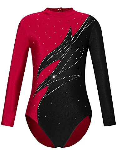 iEFiEL Mädchen Metallic Turnanzug Langarm Gymnastikanzug Tanzbody Leotard mit Strass Glänzende Ballett Trikot Turnkleidung Tanzkostüm Wc Burgundy 134-140 von iEFiEL