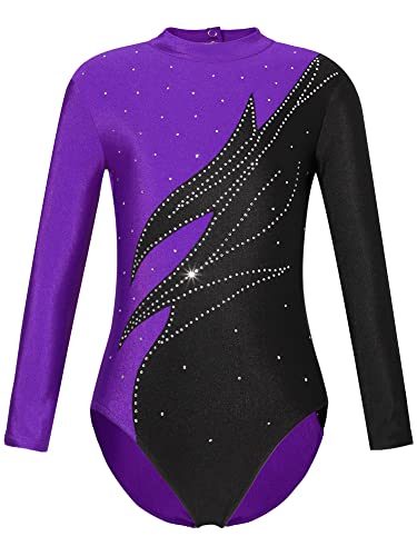 iEFiEL Mädchen Metallic Turnanzug Langarm Gymnastikanzug Tanzbody Leotard mit Strass Glänzende Ballett Trikot Turnkleidung Tanzkostüm Wc Violett 134-140 von iEFiEL