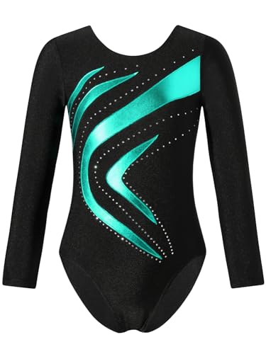 iEFiEL Mädchen Metallic Turnanzug Langarm Gymnastikanzug Tanzbody Leotard mit Strass Glänzende Ballett Trikot Turnkleidung Tanzkostüm Xc Blau Grün 110-116 von iEFiEL