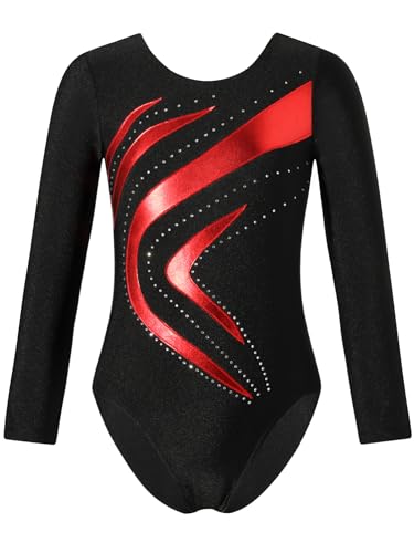 iEFiEL Mädchen Metallic Turnanzug Langarm Gymnastikanzug Tanzbody Leotard mit Strass Glänzende Ballett Trikot Turnkleidung Tanzkostüm Xc Rot 146-152 von iEFiEL