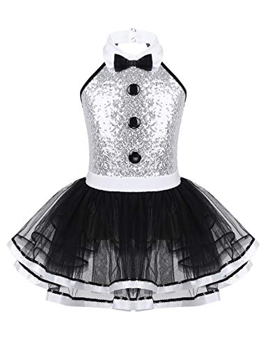 iEFiEL Mädchen Pailletten Ballettkleid Glitzer Tanzkleid mit Kragen & Knöpfe Performance Kostüm Kinder Ballett Tutu Ballettanzug Body Gymnastikanzug Silber & Schwarz 110-116 von iEFiEL