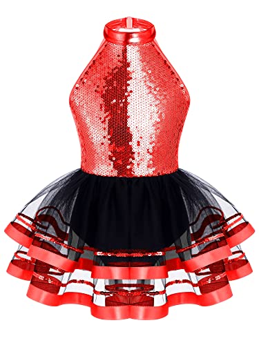 iEFiEL Mädchen Pailletten Ballettkleid Glitzer Tanzkleid mit Kragen & Knöpfe Performance Kostüm Kinder Ballett Tutu Ballettanzug Body Gymnastikanzug T_ Rot 134-140 von iEFiEL