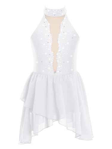 iEFiEL Mädchen Patchwork Tanzkleid Glitzer Strass Eiskunstlauf Kleid Ärmellose Kürkleid Modernen Tanz Trikotanzug mit unregelmäßigem Rock Weiß 146-152 von iEFiEL