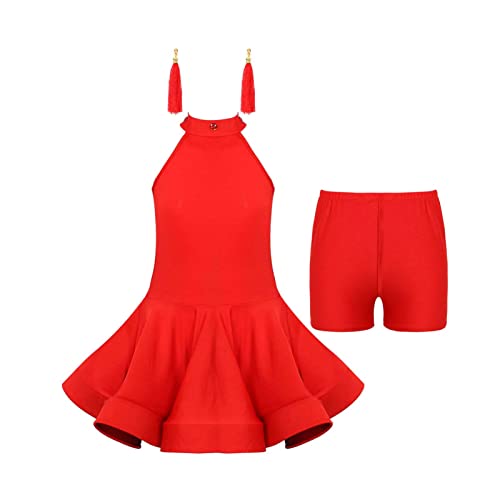 iEFiEL Mädchen Quasten tanzkleid latein Salsa Bauchtanz Outfit Tanzkostüm Crop Top+Rock+Ohrringen+Armstulpen Wettbewerb Pailletten Kleider X Rot 134-140 von iEFiEL