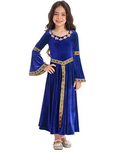 iEFiEL Mädchen Samt Mittelalter Renaissance Kleid Langarm Partykleid Kinder Langarm Hexen Kleid Halloween Fasching Mottoparty Maxikleid Blau 110-116 von iEFiEL
