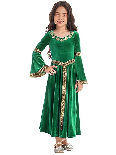 iEFiEL Mädchen Samt Mittelalter Renaissance Kleid Langarm Partykleid Kinder Langarm Hexen Kleid Halloween Fasching Mottoparty Maxikleid Grün 158-164 von iEFiEL
