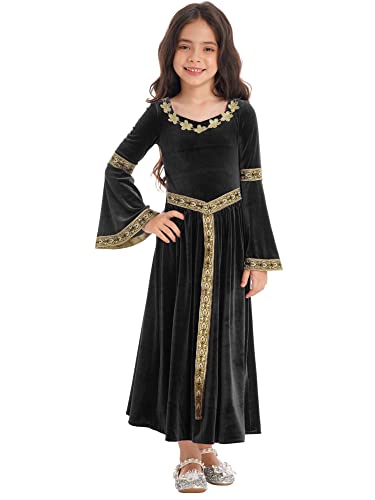 iEFiEL Mädchen Samt Mittelalter Renaissance Kleid Langarm Partykleid Kinder Langarm Hexen Kleid Halloween Fasching Mottoparty Maxikleid Schwarz 134-140 von iEFiEL