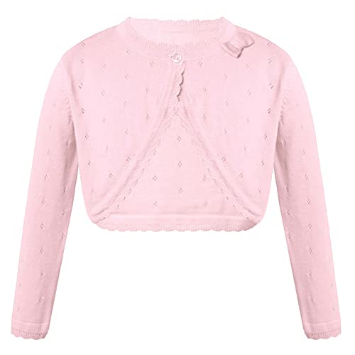 iEFiEL Mädchen Strickjacke Basic Bolero Kinder Lange Ärmel Schulterjacke mit Perlen Bolerojäckche kurz Zum Kommunionkleid Taufkleid Weiß/Rosa Rosa 122-128 von iEFiEL