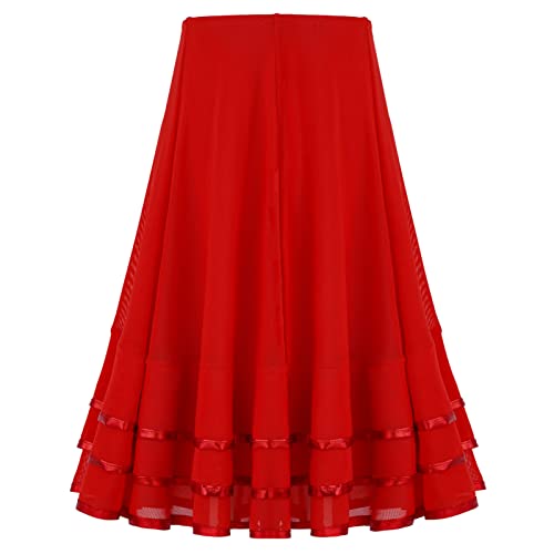 iEFiEL Mädchen Tanzrock Lang Chiffon Ballettrock Wickelrock Streifen Maxi Rock Tanzkleid für Ballett Latein Salsa Rumba Tanzbauch Sommer Kleid Rot 128 von iEFiEL