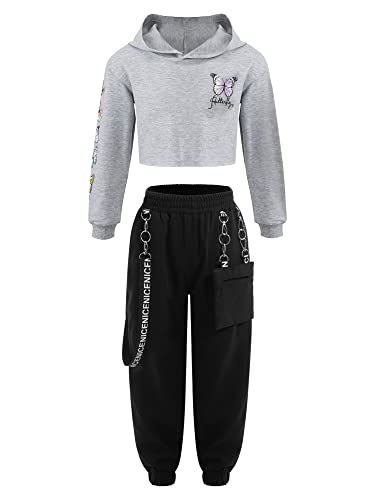 iEFiEL Mädchen Trainingsanzug Langarm Kapuzenpullover Lang Hosen Jogginganzug Sport Outfits Hip-Pop Tanzkleidung Set Grau 146-152 von iEFiEL