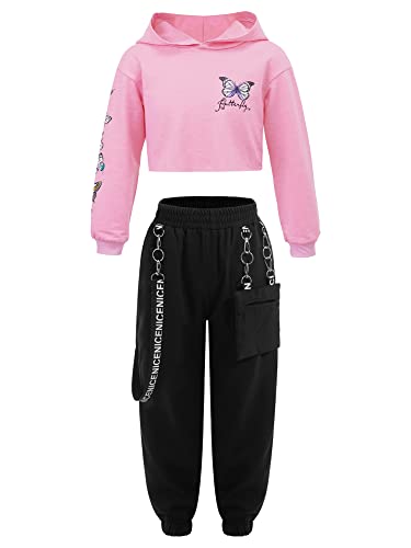 iEFiEL Mädchen Trainingsanzug Langarm Kapuzenpullover Lang Hosen Jogginganzug Sport Outfits Hip-Pop Tanzkleidung Set Rosa 134-140 von iEFiEL