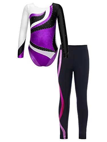 iEFiEL Mädchen Turnanzug Glitzer Gymnastik Leotard Langarm Akrobatik Anzug Tanzkostüme Turnbody Jumpsuit mit Lang Leggings Violett 134-140 von iEFiEL