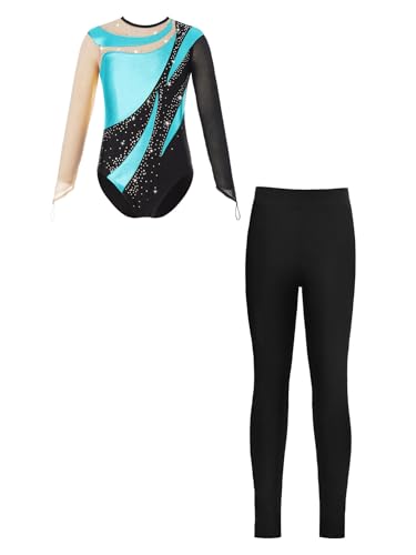 iEFiEL Mädchen Turnanzug Glitzer Gymnastik Leotard Langarm Akrobatik Anzug Tanzkostüme Turnbody Jumpsuit mit Lang Leggings Zd Blau Grün 158-164 von iEFiEL