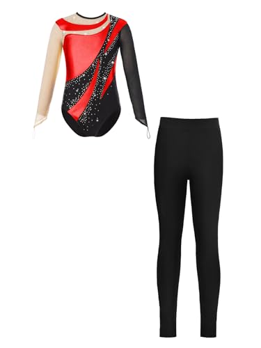 iEFiEL Mädchen Turnanzug Glitzer Gymnastik Leotard Langarm Akrobatik Anzug Tanzkostüme Turnbody Jumpsuit mit Lang Leggings Zd Rot 134-140 von iEFiEL