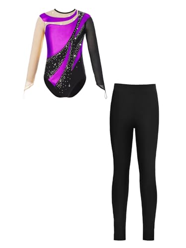 iEFiEL Mädchen Turnanzug Glitzer Gymnastik Leotard Langarm Akrobatik Anzug Tanzkostüme Turnbody Jumpsuit mit Lang Leggings Zd Violett 122-128 von iEFiEL