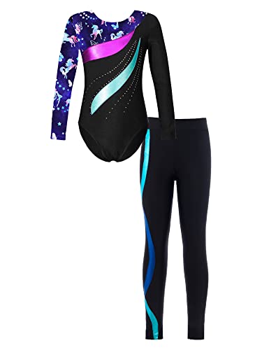 iEFiEL Mädchen Turnanzug Glitzer Gymnastik Leotard Langarm Akrobatik Anzug Tanzkostüme Turnbody Jumpsuit mit Lang Leggings Zb Marineblau 146-152 von iEFiEL