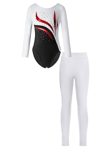 iEFiEL Mädchen Turnanzug Glitzer Gymnastik Leotard Langarm Akrobatik Anzug Tanzkostüme Turnbody Jumpsuit mit Lang Leggings Zc Weiß 134-140 von iEFiEL