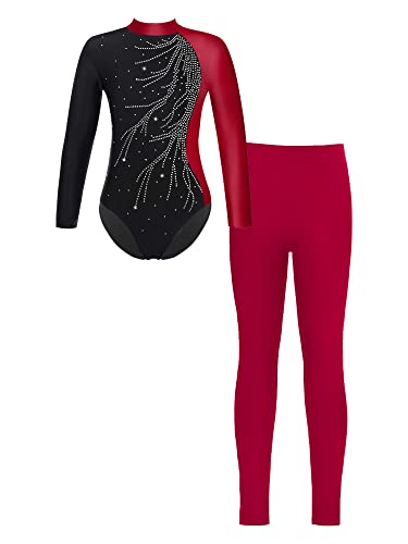 iEFiEL Mädchen Turnanzug Glitzer Gymnastik Leotard Langarm Akrobatik Anzug Tanzkostüme Turnbody Jumpsuit mit Lang Leggings Za Burgundy 158-164 von iEFiEL